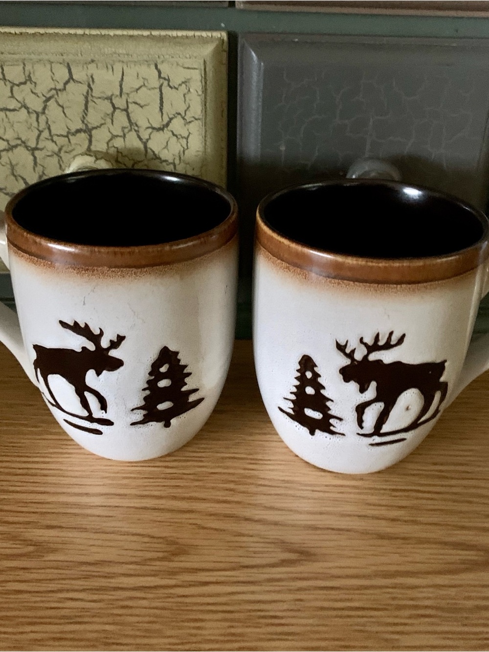 Set of 2 Rustic Moose Stoneware Mugs - Brown and Cream